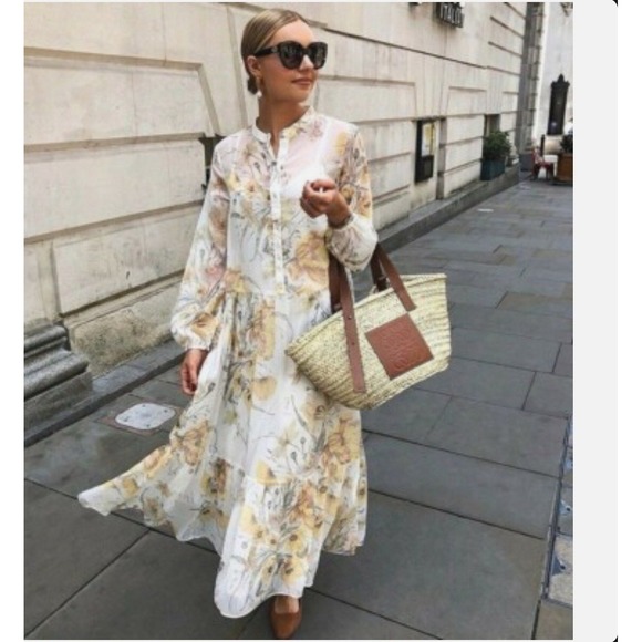 H&M Dresses & Skirts - New H&M Ivory White Yellow Chiffon Floral Long Sleeve Midi Maxi Dress Size 8
